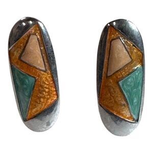 Vintage 1980s Metal Pastel Colored Enamel Earrings Geoemtric Oval Shaped Pierced